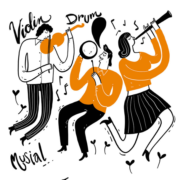 Ruční kreslení hudebníků hrající hudbu. - Vektor, obrázek