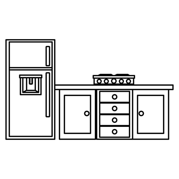 συρτάρι κουζίνας ξύλινο με ηλεκτρική κουζίνα και ψυγείο - Διάνυσμα, εικόνα