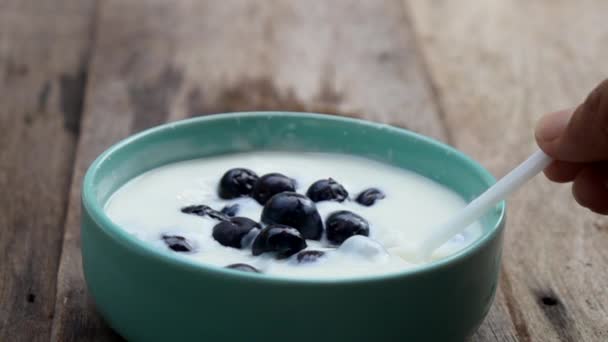 Míchání borůvkové ovoce v jogurtu - Záběry, video