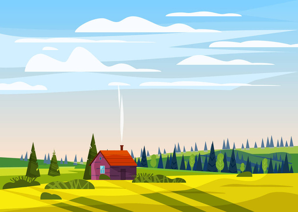 Güzel kırsal yaz manzara, vadi kırsal çiftlik evi, yeşil tepeler, parlak renk mavi gökyüzü, şık karikatür düz tarzı ve parlak renklerde dağlar Panorama ufuk ile çayırlar. Vektör - Vektör, Görsel