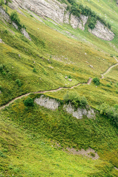 Hiking Trail in the Mountains. Aerial View. Green Alpine Meadows - Photo, image