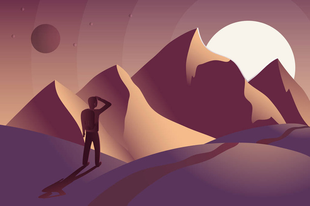 Adventure man with backpack, traveler looks at the mountains and - Vector, Image