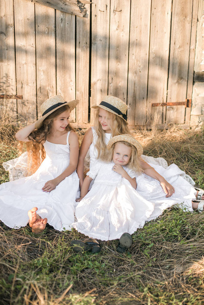 Χαριτωμένα μικρά κορίτσια με ξανθά μακριά μαλλιά σε ένα καλοκαιρινό χωράφι στο ηλιοβασίλεμα με λευκά φορέματα με ψάθινο καπέλο - Φωτογραφία, εικόνα