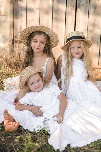 Cute little girls with blond long hair in a summer field at sunset in white dresses with a straw hat - Φωτογραφία, εικόνα