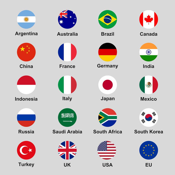 Vector collection set of G20 states (major economies) official flags in rounded format - ベクター画像