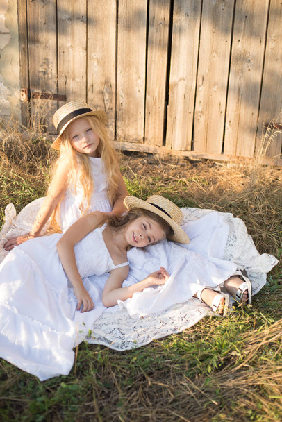 Cute little girls with blond long hair in a summer field at sunset in white dresses with a straw hat - Φωτογραφία, εικόνα