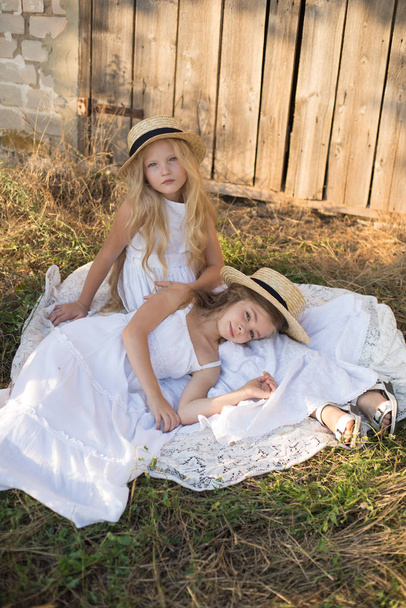 Cute little girls with blond long hair in a summer field at sunset in white dresses with a straw hat - Photo, Image