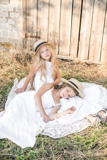 Cute little girls with blond long hair in a summer field at sunset in white dresses with a straw hat - Foto, immagini