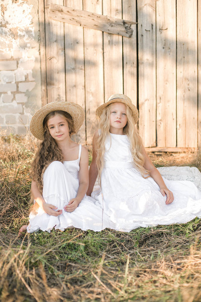 Cute little girls with blond long hair in a summer field at sunset in white dresses with a straw hat - Fotoğraf, Görsel