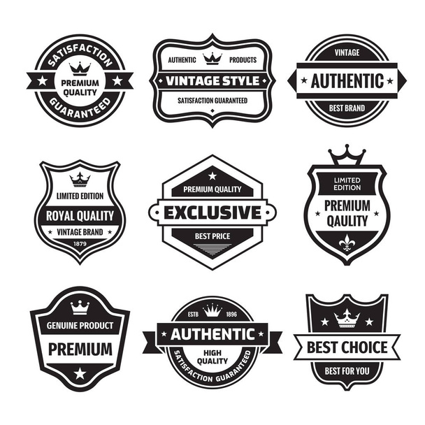 Business badges vector set in retro design style. Abstract logo. Premium quality. Satisfaction guaranteed. Best brand. Genuine product. Concept labels in black & white colors.  - Vector, Image