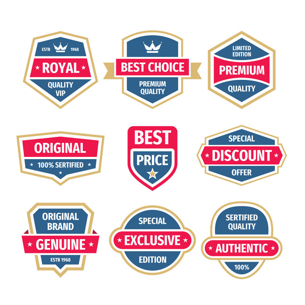 Business badges vector set in vintage design style. Abstract logo. Premium quality. Genuine authentic product. Best seller. Special offer. Discount. Exclusive.  - Vektor, kép