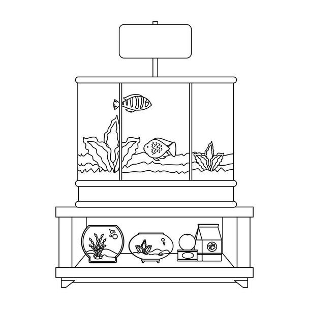 Полки ветеринарного магазина с аквариумами и продуктами
 - Вектор,изображение