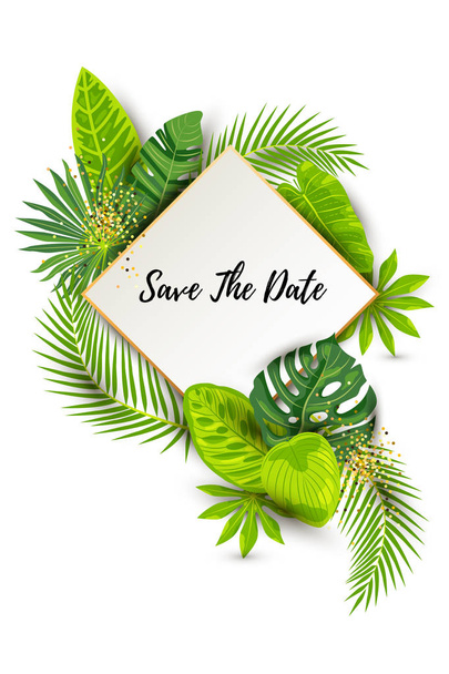 Save the Date card. Green summer tropical background with exotic leaves, paper sheet with golden frame. Place for text. Vector illustration for flyer, party invitation, ecological concept, wedding, web. - Vettoriali, immagini