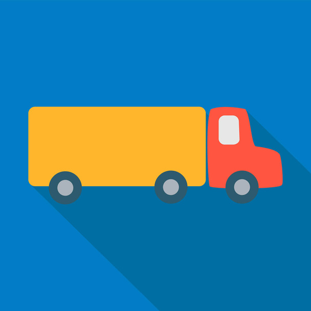 Camión de carga con cabina roja y cuerpo amarillo sobre fondo azul. Icono plano de estilo simple con sombra larga
.  - Vector, imagen
