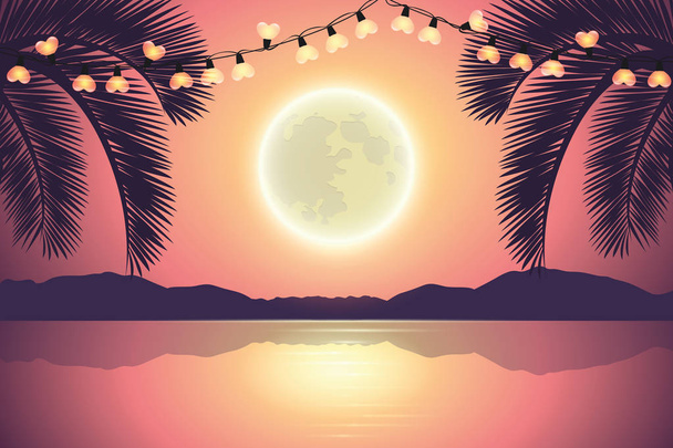 Fairy lichten op Purple Paradise Palm Beach 's nachts met volle maan - Vector, afbeelding