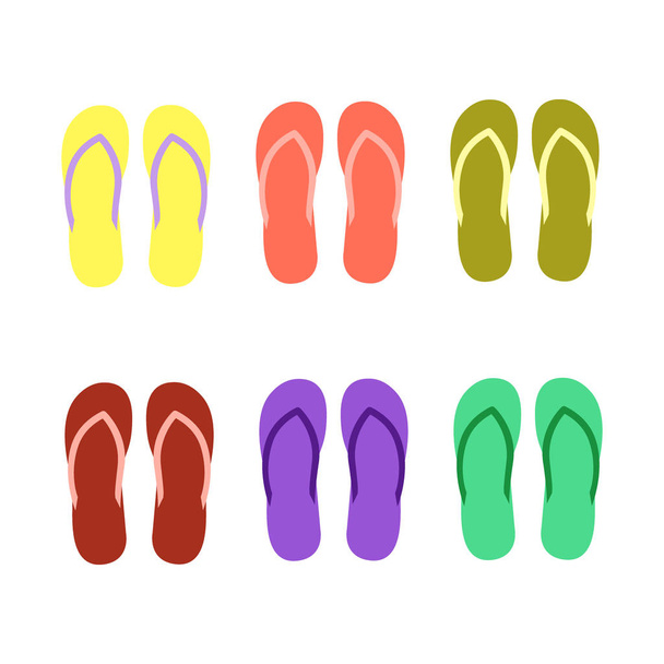 Set mit niedlichen und farbenfrohen Sommer-Flip-Flops für den Strandurlaub. Kette von Unisex-Flip-Flops für bequeme Spaziergänge am Strand und im Pool. isolierte Abbildung auf weißem Hintergrund - Vektor, Bild