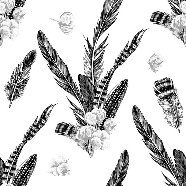 Seamless pattern with hand drawn feathers and cotton - Vektor, Bild