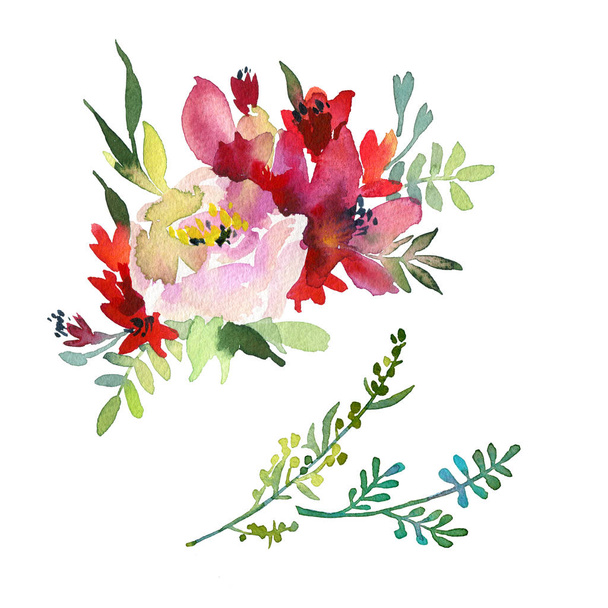 große Menge von Aquarellelementen. Illustration von Garten- und Wildblumen, Ästen und Blättern auf weißem Hintergrund. - Foto, Bild