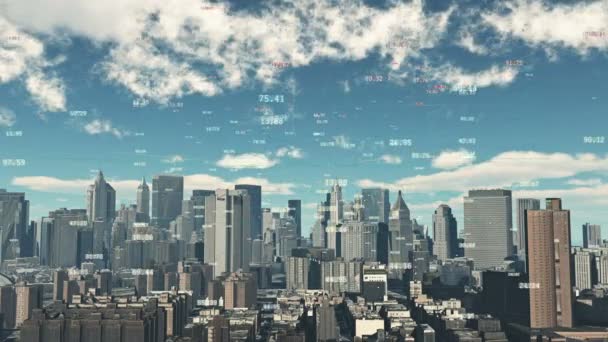4k, Digitális adatok, időelapszus felhő repül a városi épületek és felhőkarcolók felett . - Felvétel, videó