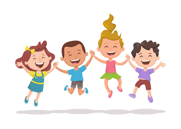 Grupo de niños sosteniendo sus manos y saltando
 - Vector, imagen