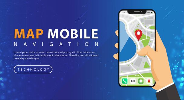Mani Mappa Navigazione GPS, Applicazione mappa Smartphone e puntina rossa sullo schermo, Ricerca app mappa di navigazione, isolato su sfondo cielo blu, Vettore
 - Vettoriali, immagini