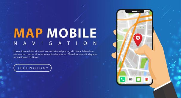 Mano sostiene Mapa de navegación GPS, aplicación de mapas de teléfonos inteligentes y punto rojo en la pantalla, navegación de mapas de búsqueda de aplicaciones, aislado en el fondo del cielo azul, Vector
 - Vector, Imagen