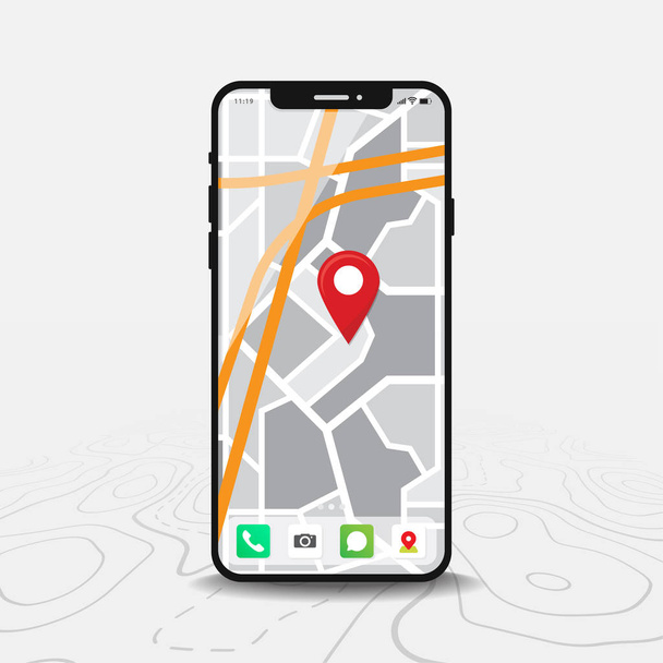 Mapa Navegación GPS, Aplicación de mapas de teléfonos inteligentes y punto de referencia rojo en la pantalla, Navegación de mapas de búsqueda de aplicaciones, Aislado en el fondo de mapas en línea, Vector
 - Vector, Imagen