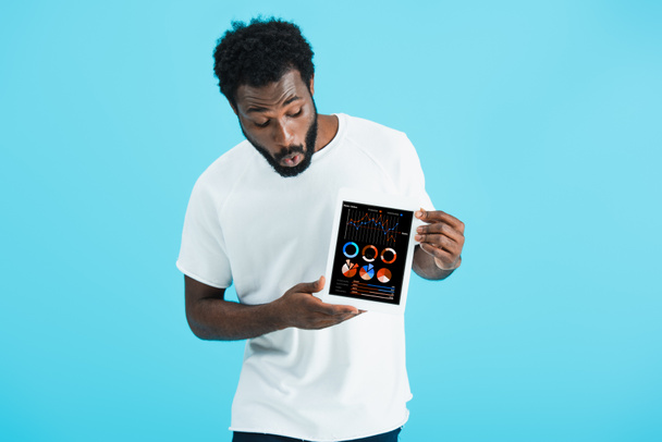 sorprendido hombre afroamericano mostrando tableta digital con aplicación de infografía, aislado en azul
 - Foto, imagen