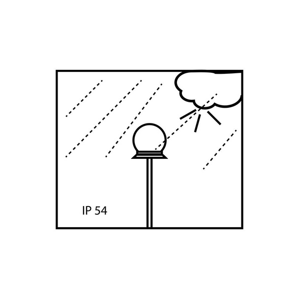 Το φωτιστικό που προορίζεται για εγκατάσταση σε βιομηχανικές εγκαταστάσεις και σε εξωτερικούς χώρους και προστατεύεται από την πινακίδα των πίδακες νερού. Λάμπα σε ένα στύλο κάτω από τον ήλιο και τη βροχή πινακίδα - Διάνυσμα, εικόνα