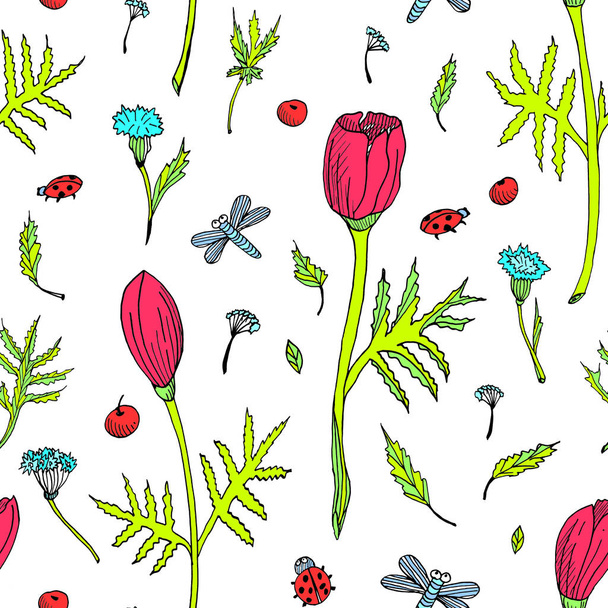 Patrón floral sin costura abstracto con tulipanes, hojas y hierbas. Flores dibujadas a mano sobre fondo blanco. Ilustración botánica para telas, diseño de tarjetas de invitación, envoltura, papel pintado
 - Foto, imagen