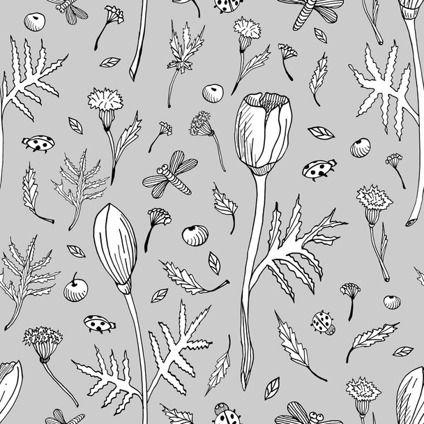 abstraktes, nahtloses Blumenmuster mit Tulpen, Blättern und Kräutern. handgezeichnete schwarz-weiße Blumen auf grauem Hintergrund. Umrisse botanischer Illustrationen für Stoffe, Gestaltung von Einladungskarten, Verpackung - Foto, Bild