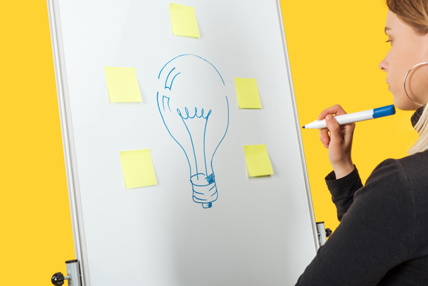 femme d'affaires réussie regardant idée de mot et ampoule dessinée avec des autocollants sur tableau à feuilles blanches
  - Photo, image