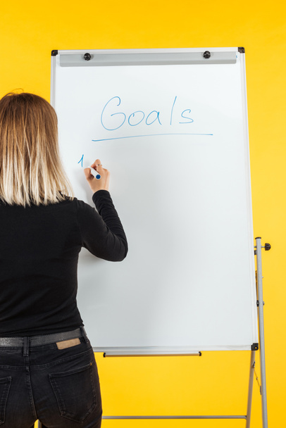 back view of businesswoman standing near white flipchart and writing goals list - Photo, Image