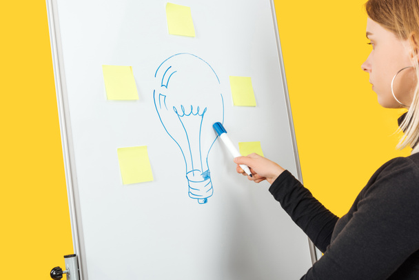 cropped view of businesswoman standing near white flipchart, pointing at light bulb drawn - Foto, Imagen