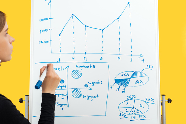 cropped view of businesswoman drawing graphics and diagrams on white flipchart  - Фото, изображение