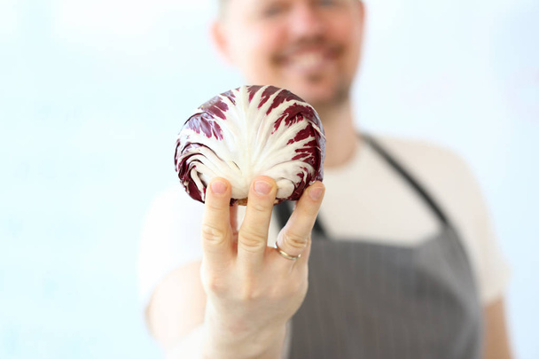 Professionele chef-kok die biologische paarse kool vasthoudt - Foto, afbeelding