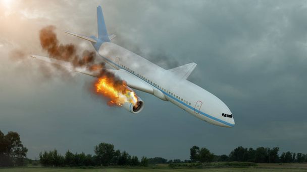 Brûler des avions blancs dans le ciel avant de s'écraser. Illustration 3D
 - Photo, image