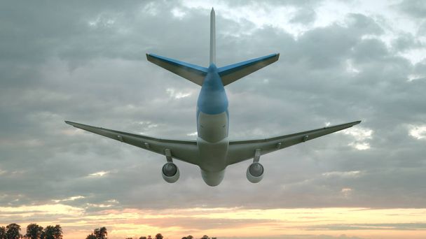 Atterraggio aereo commerciale al tramonto. Illustrazione 3d - Foto, immagini