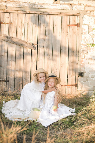 Nettes Mädchen mit blonden langen Haaren mit einer jüngeren Schwester in einem Sommerfeld bei Sonnenuntergang mit einem weißen Kleid mit einem Strohhut mit grünen Äpfeln - Foto, Bild
