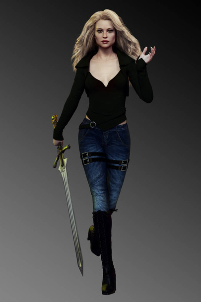 Urban Fantasy Blonde Woman with Sword in Jeans and Black Jacket - 写真・画像