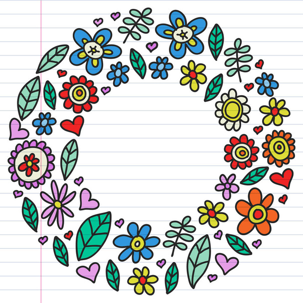 Vector set of child drawing flowers icons in doodle style. Painted, colorful, pictures on a piece of linear paper on white background. - Vecteur, image
