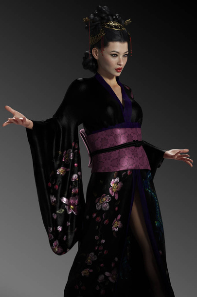 schöne Fantasie Geisha im schwarzen Kimono - Foto, Bild