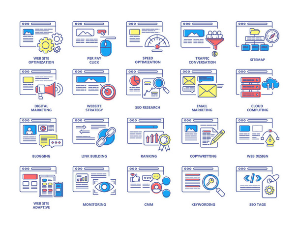 SEO en digitale marketing Color Line icons set. - Vector, afbeelding
