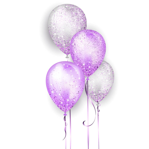 Flying brillant blanc et violet brillant réaliste ballons d'hélium 3D avec ruban d'or et paillettes scintillantes, décoration parfaite pour les brochures de fête d'anniversaire, carte d'invitation ou baby shower
 - Vecteur, image