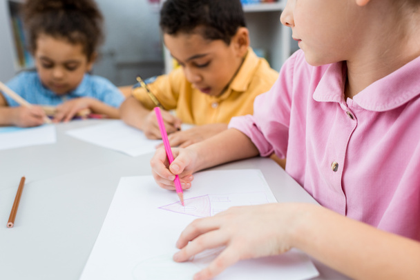 selective focus of kid drawing near cute african american children  - Photo, Image