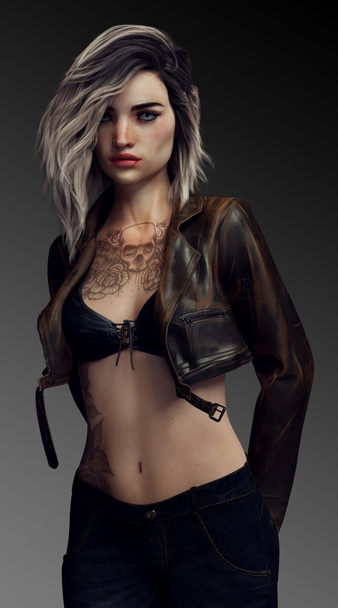Красивая женщина с вымытыми волосами в кожаной куртке с татуировками
 - Фото, изображение