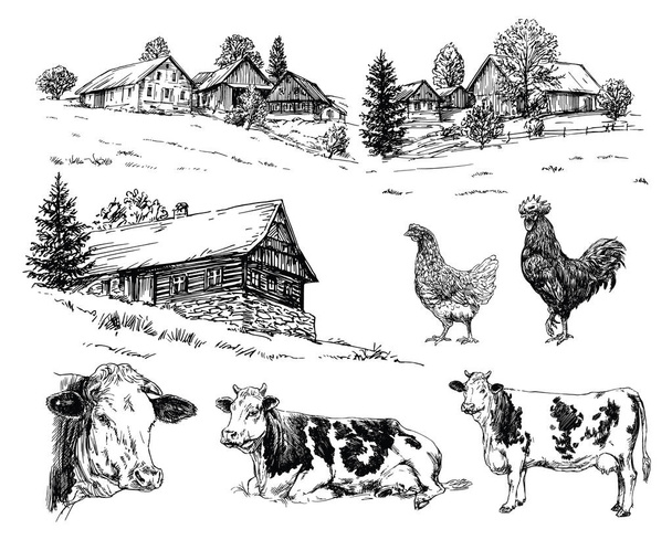 Maatiloja, lehmiä, maalaistaloja. Käsin piirretty sarja
. - Vektori, kuva