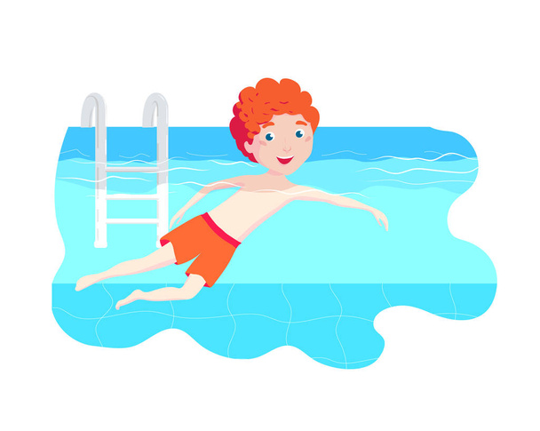 その少年はプールで泳ぐ。子供のための水泳レッスン。スポーツ・アウトドアアクティビティ. - ベクター画像