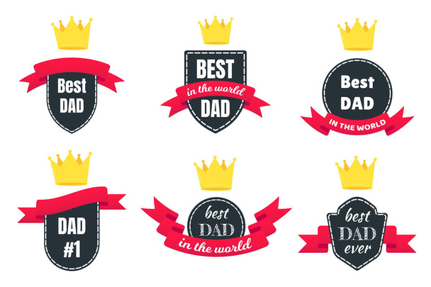 6 Best dad award with text, golden crown  and ribbons vector illustration flat style design isolated on white background web banners elements set. - Vector, Image