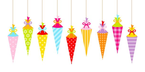 Banner With Hanging Colorful School Cornets Pattern - Vector, Image